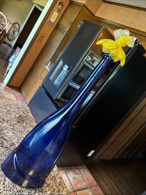 Blue Glass Bottle Vase with Yellow Glass Flower Stopper - Home Accents
